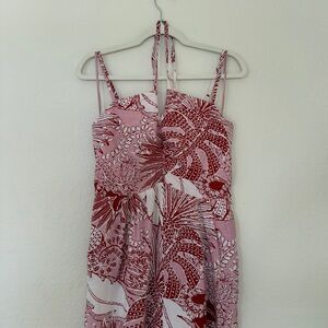 🆕 NWOT Women’s Red and White Floral Halter Linen Blend Jumpsuit